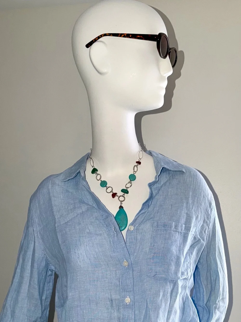 Source Unknown Turquoise Teardrop Necklace with Green and Red Bead Accents